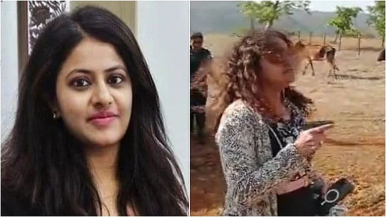 Puja Khedkar (L) | Her mother seen waving pistol at a man in viral video (R) | - X/@sathyashrii/@tweets_prateekg